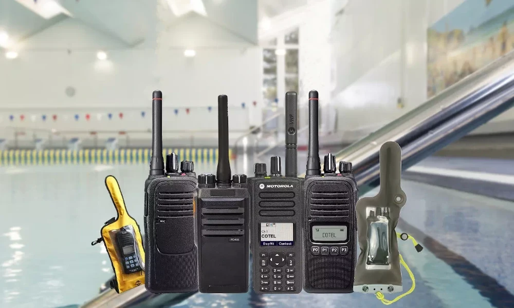 Some of the Cotel Sitemaster radio equipment supplied to our Sports and Leisure customers. Aquabags ensure protection and waterproof our radio systems within poolside areas.